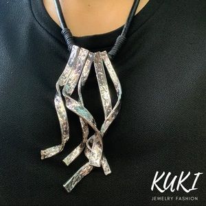 Silver Black Leather Fashion Statement Necklace